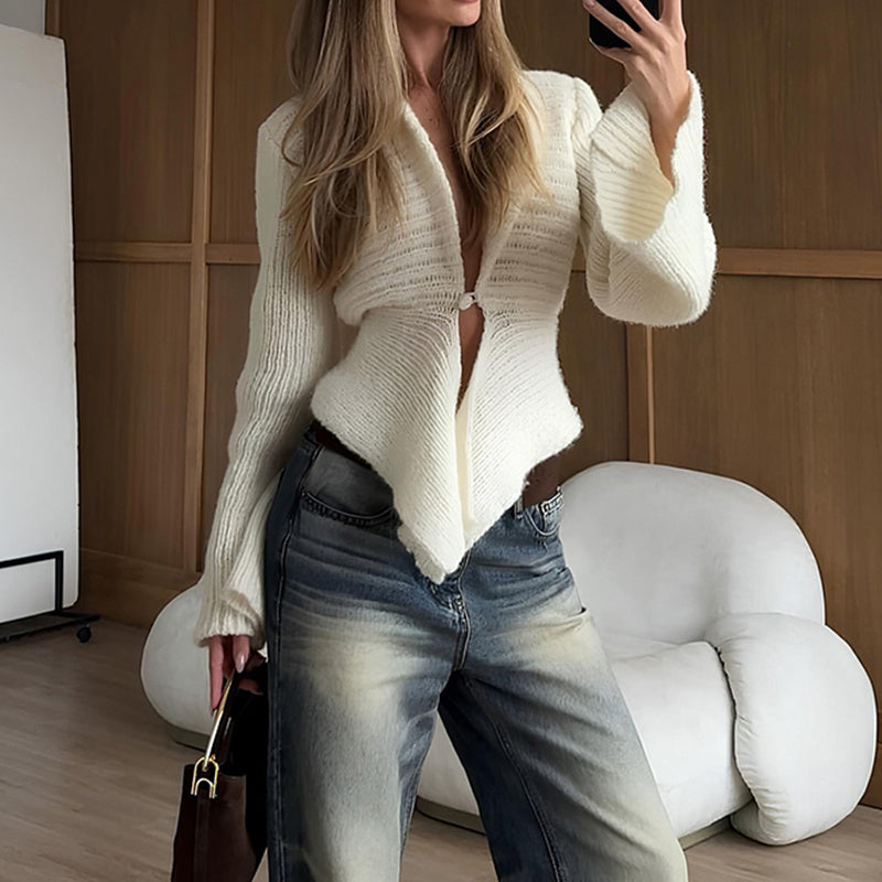 Elegant Irregular Hem Cardigan Sweater For Women Knitted Long Sleeve V Neck Trendy Open Front Sweaters