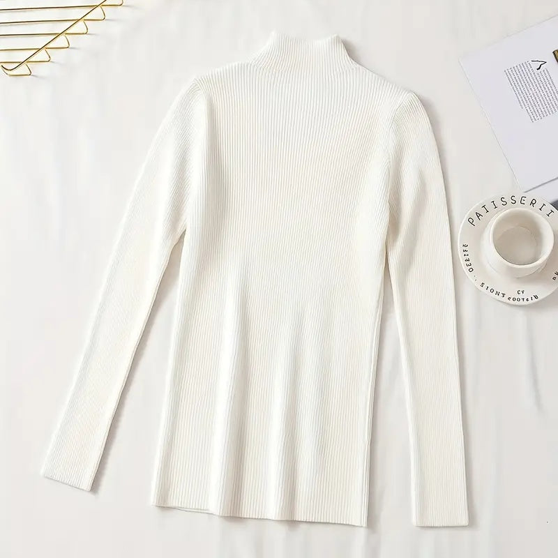 Women's Slim Fit Half-Zip Turtleneck Sweater, Long Sleeve Knit Top For Office And Casual Winter Wear