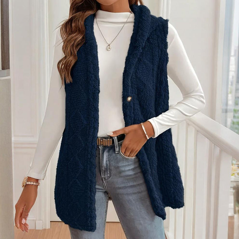Women's Textured Sleeveless Hooded Vest, Button-Front Layering Piece For Fall & Winter Outfits