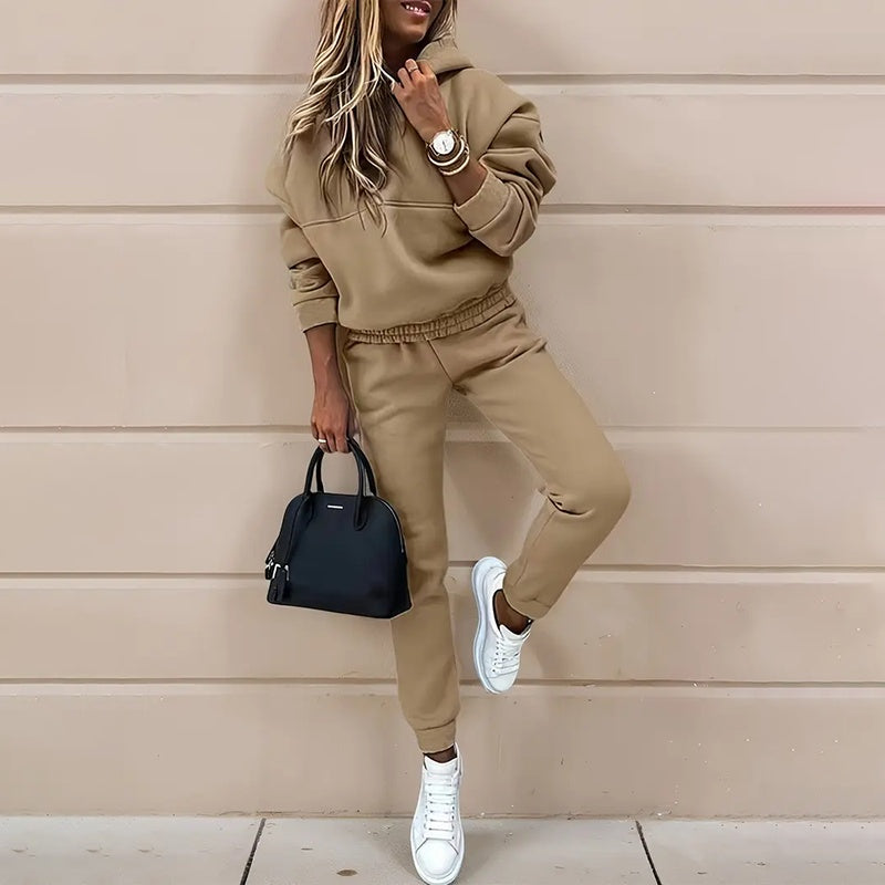 Women's Casual 2-Piece Tracksuit, Solid Color Hooded Sweatshirt And Slim Fit Jogger Pants For Autumn And Winter
