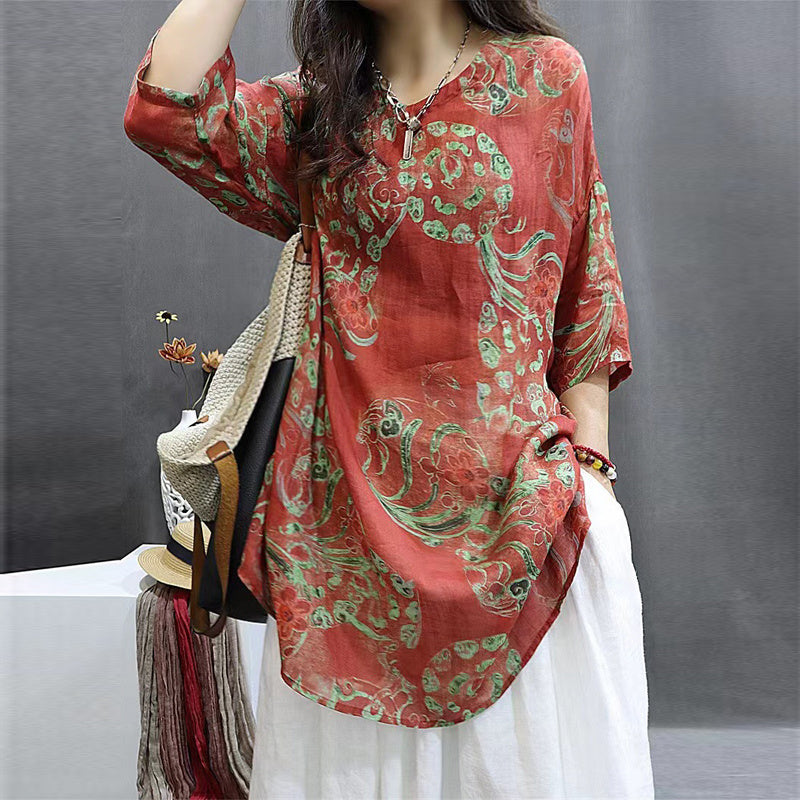 Women's Soft Printed Mid-Sleeve Top Casual Round Neck Tunic For Spring And Summer