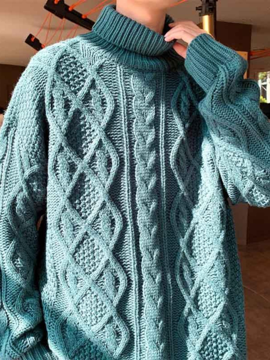 Japanese-style Retro Green Jacquard Turtleneck Sweater