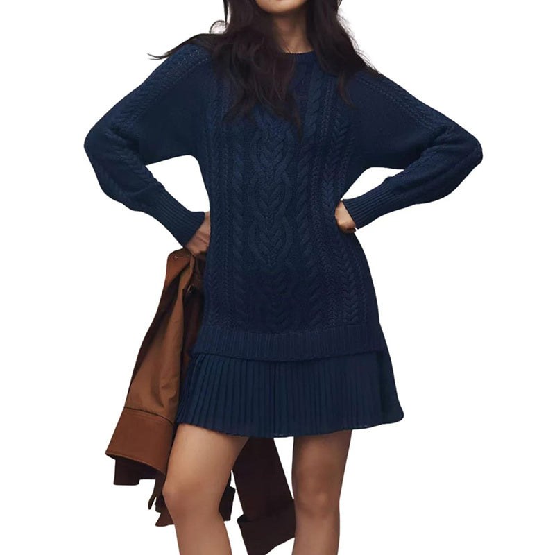 Women's Solid Color Cable Knit Sweater With Lace Hem, Round Neck Long Sleeve Top For Autumn And Winter