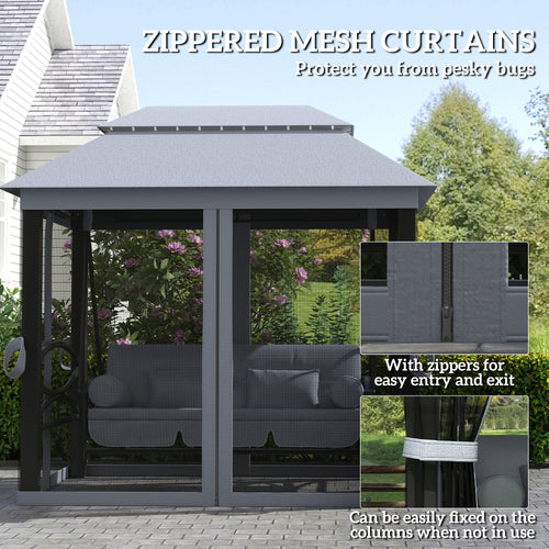 3-Seat Patio Swing Chair, Outdoor Gazebo Swing With Double Tier Canopy, Mesh Sidewalls, Cushioned Seat And Pillows, Gray