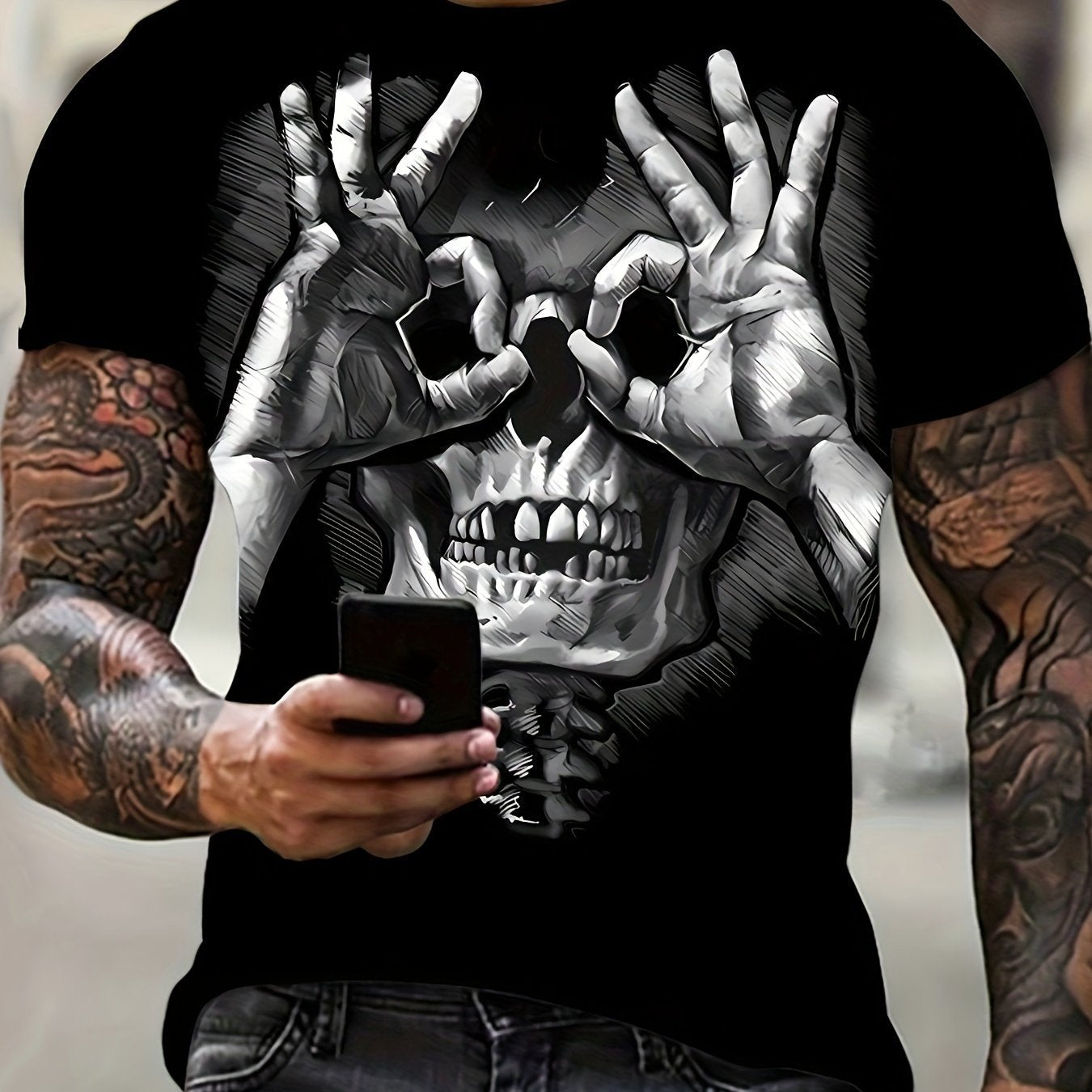 Creative Skull Print T-shirt, Men's Casual Street Style Elastic Round Neck T-shirt, Suitable For Summer